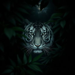 A mysterious and striking portrait of a black and white tiger blending into a dark, lush jungle backdrop