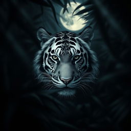 A mysterious and striking portrait of a black and white tiger blending into a dark, lush jungle backdrop