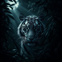A mysterious and striking portrait of a black and white tiger blending into a dark, lush jungle backdrop