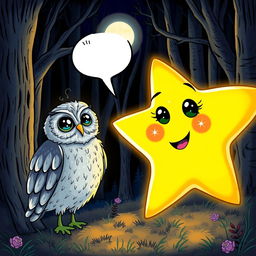 A glowing star with sparkly eyes and a mouth, engaged in conversation with a wise owl that has shimmering silver feathers, set in a dark magical forest