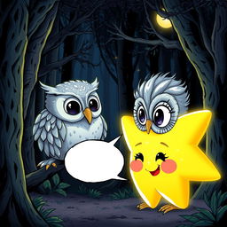 A glowing star with sparkly eyes and a mouth, engaged in conversation with a wise owl that has shimmering silver feathers, set in a dark magical forest
