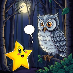A glowing star with sparkly eyes and a mouth, engaged in conversation with a wise owl that has shimmering silver feathers, set in a dark magical forest