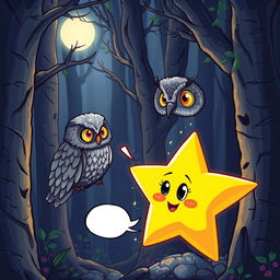 A glowing star with sparkly eyes and a mouth, engaged in conversation with a wise owl that has shimmering silver feathers, set in a dark magical forest