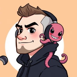 A cartoon profile picture featuring a man with a white face and black eyes, wearing headphones