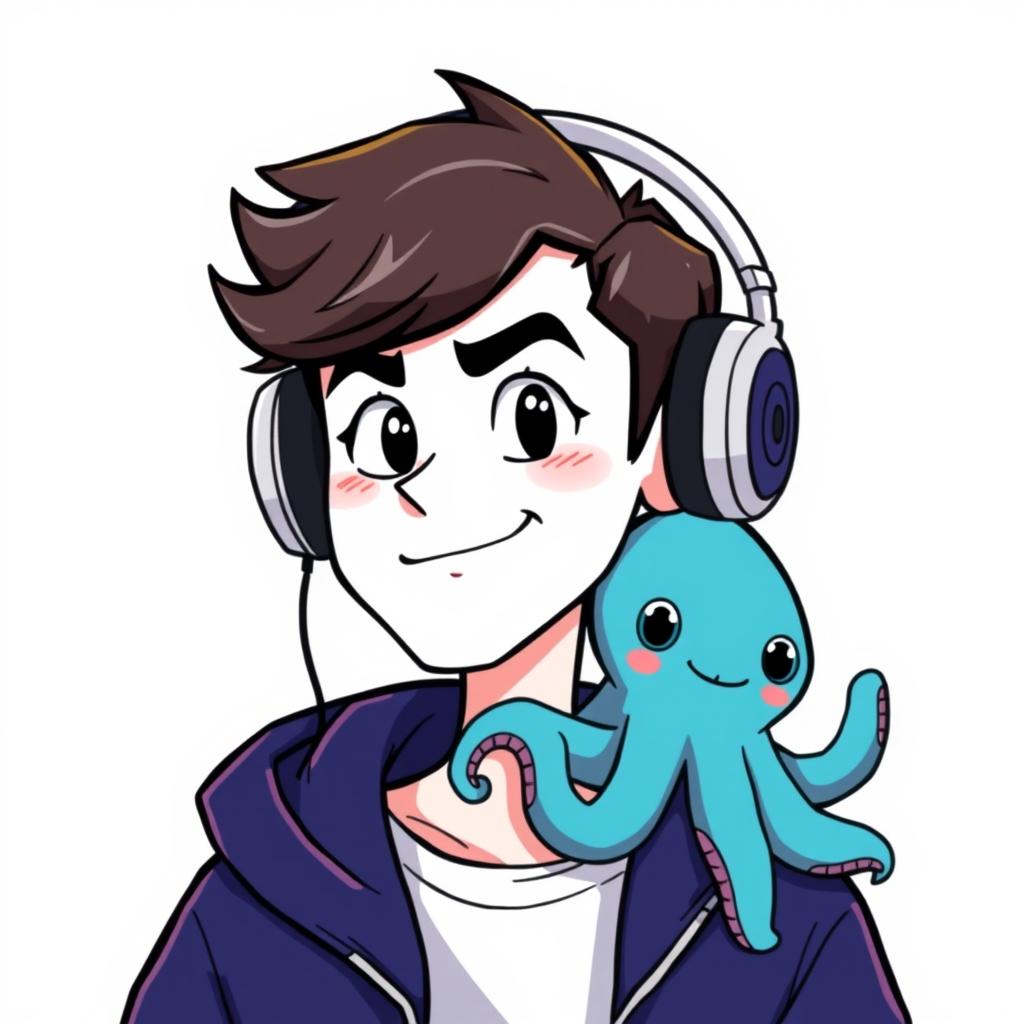 A cartoon profile picture featuring a man with a white face and black eyes, wearing headphones