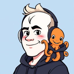 A cartoon profile picture featuring a man with a white face and black eyes, wearing headphones
