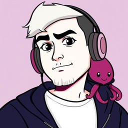 A cartoon profile picture featuring a man with a white face and black eyes, wearing headphones