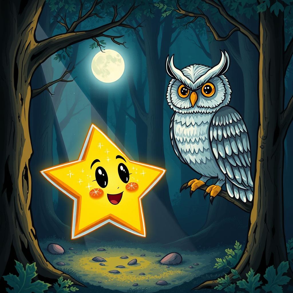 A glowing star with sparkly eyes and a mouth, talking to a wise owl with shimmering silver feathers in a dark magical forest