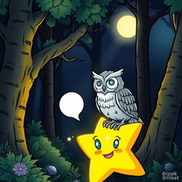 A glowing star with sparkly eyes and a mouth, talking to a wise owl with shimmering silver feathers in a dark magical forest