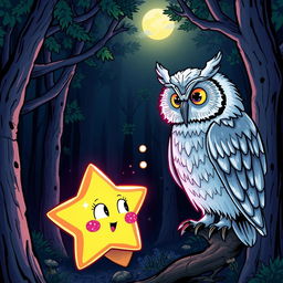 A glowing star with sparkly eyes and a mouth, talking to a wise owl with shimmering silver feathers in a dark magical forest