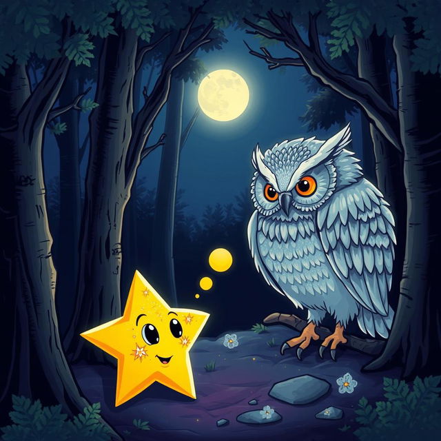 A glowing star with sparkly eyes and a mouth, talking to a wise owl with shimmering silver feathers in a dark magical forest