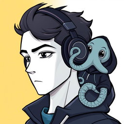 A cartoon-style profile picture featuring a man with a striking white face and deep black eyes