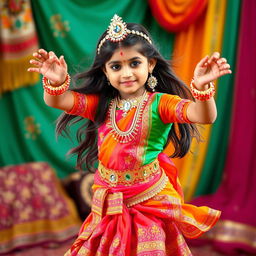 A vibrant and colorful image of a young Indian girl performing a traditional dance, dressed in a beautiful, ornate costume adorned with intricate patterns and jewels