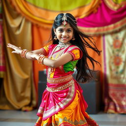 A vibrant and colorful image of a young Indian girl performing a traditional dance, dressed in a beautiful, ornate costume adorned with intricate patterns and jewels