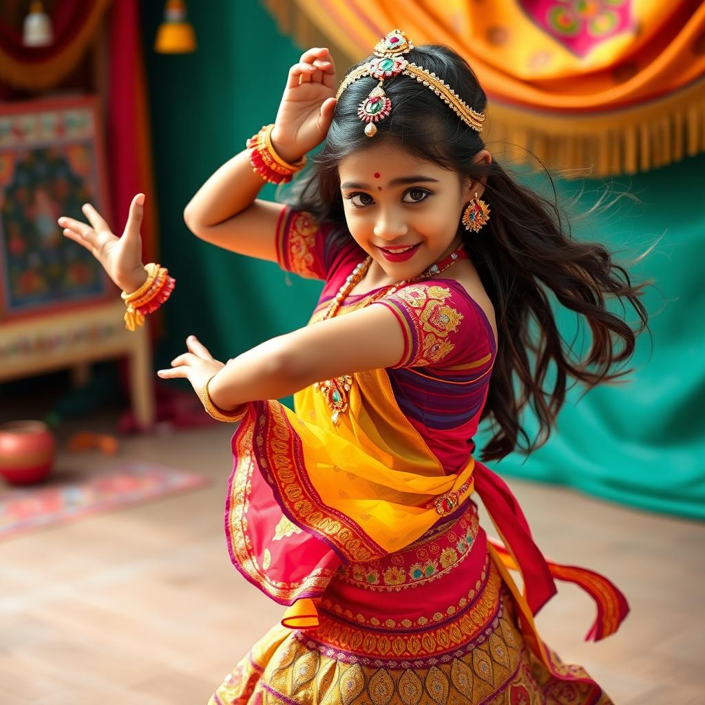 A vibrant and colorful image of a young Indian girl performing a traditional dance, dressed in a beautiful, ornate costume adorned with intricate patterns and jewels