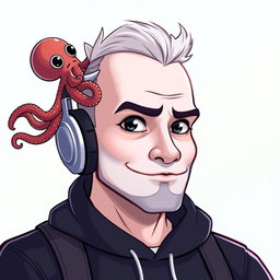 A cartoon-style profile picture featuring a man with a distinctive white face, glossy black eyes, and a mouth adorned with headphones