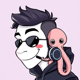 A cartoon-style profile picture featuring a man with a distinctive white face, glossy black eyes, and a mouth adorned with headphones