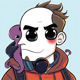 A cartoon-style profile picture featuring a man with a distinctive white face, glossy black eyes, and a mouth adorned with headphones