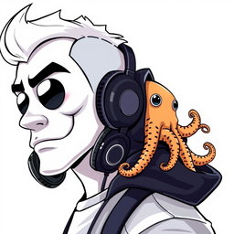 A cartoon-style profile picture featuring a man with a distinctive white face, glossy black eyes, and a mouth adorned with headphones