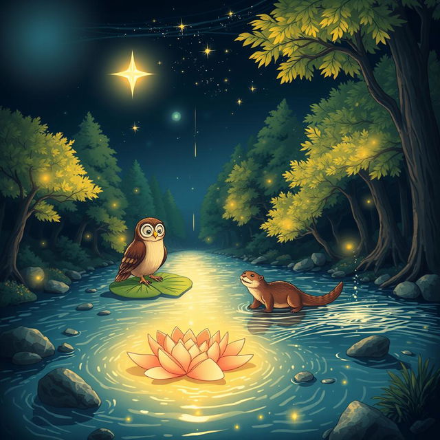 A glowing star shining brightly in the night sky, a wise owl perched on a glowing lily pad, and a playful otter joyfully crossing a shimmering river of light