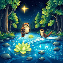 A glowing star shining brightly in the night sky, a wise owl perched on a glowing lily pad, and a playful otter joyfully crossing a shimmering river of light