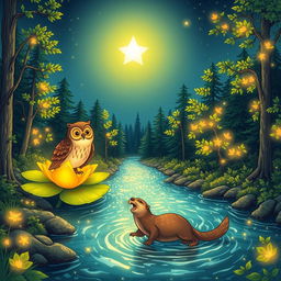 A glowing star shining brightly in the night sky, a wise owl perched on a glowing lily pad, and a playful otter joyfully crossing a shimmering river of light