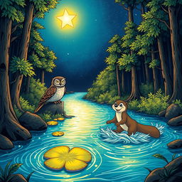 A glowing star shining brightly in the night sky, a wise owl perched on a glowing lily pad, and a playful otter joyfully crossing a shimmering river of light