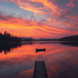 A captivating sunset over a serene lake, with vibrant shades of orange, pink, and purple reflecting on the water's surface