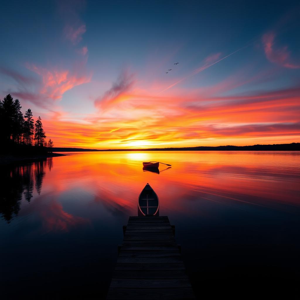 A captivating sunset over a serene lake, with vibrant shades of orange, pink, and purple reflecting on the water's surface