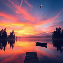 A captivating sunset over a serene lake, with vibrant shades of orange, pink, and purple reflecting on the water's surface