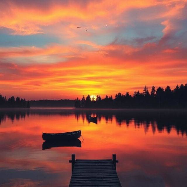 A captivating sunset over a serene lake, with vibrant shades of orange, pink, and purple reflecting on the water's surface