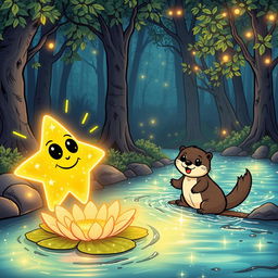A glowing star with sparkly eyes and a smiling mouth, radiating joy, alongside a wise owl perched on a glowing lily pad, and a playful otter happily crossing a shimmering river of light