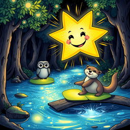 A glowing star with sparkly eyes and a smiling mouth, radiating joy, alongside a wise owl perched on a glowing lily pad, and a playful otter happily crossing a shimmering river of light