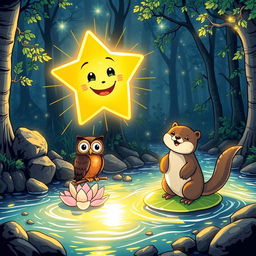 A glowing star with sparkly eyes and a smiling mouth, radiating joy, alongside a wise owl perched on a glowing lily pad, and a playful otter happily crossing a shimmering river of light