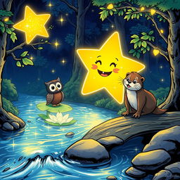 A glowing star with sparkly eyes and a smiling mouth, radiating joy, alongside a wise owl perched on a glowing lily pad, and a playful otter happily crossing a shimmering river of light