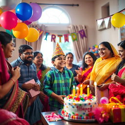A colorful and lively scene depicting a birthday celebration for an Indian boy at home