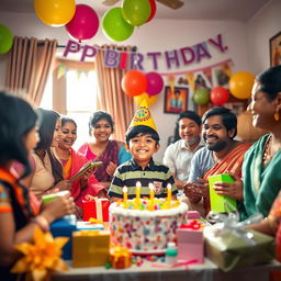 A colorful and lively scene depicting a birthday celebration for an Indian boy at home