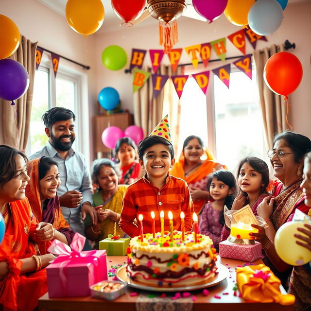 A colorful and lively scene depicting a birthday celebration for an Indian boy at home