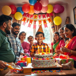 A colorful and lively scene depicting a birthday celebration for an Indian boy at home
