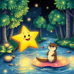 A glowing star with sparkly eyes and a cheerful mouth, accompanied by a wise owl perched thoughtfully on a glowing lily pad, and a playful otter gleefully crossing a shimmering river of light
