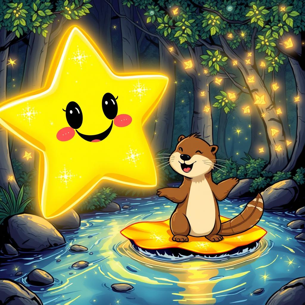 A glowing star with sparkly eyes and a cheerful mouth, accompanied by a wise owl perched thoughtfully on a glowing lily pad, and a playful otter gleefully crossing a shimmering river of light