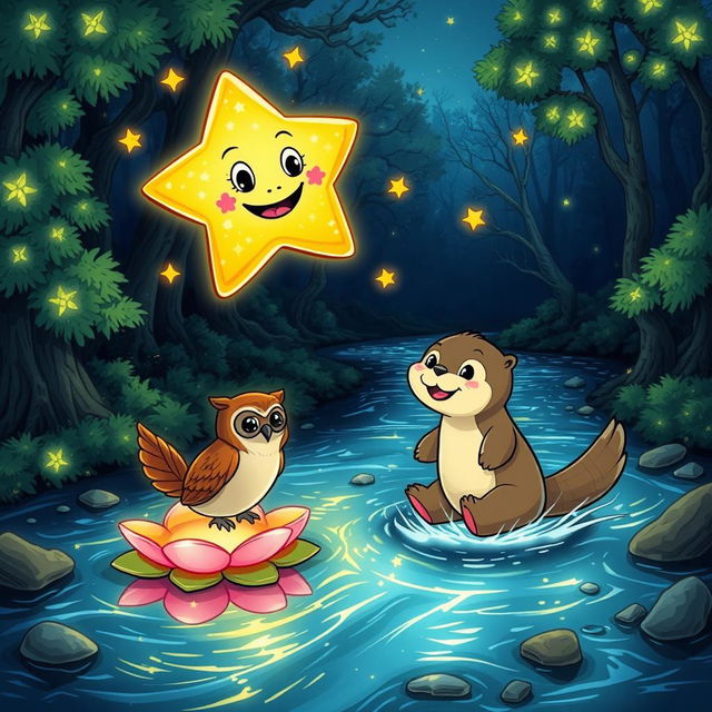 A glowing star with sparkly eyes and a cheerful mouth, accompanied by a wise owl perched thoughtfully on a glowing lily pad, and a playful otter gleefully crossing a shimmering river of light