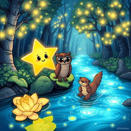 A glowing star with sparkly eyes and a cheerful mouth, accompanied by a wise owl perched thoughtfully on a glowing lily pad, and a playful otter gleefully crossing a shimmering river of light