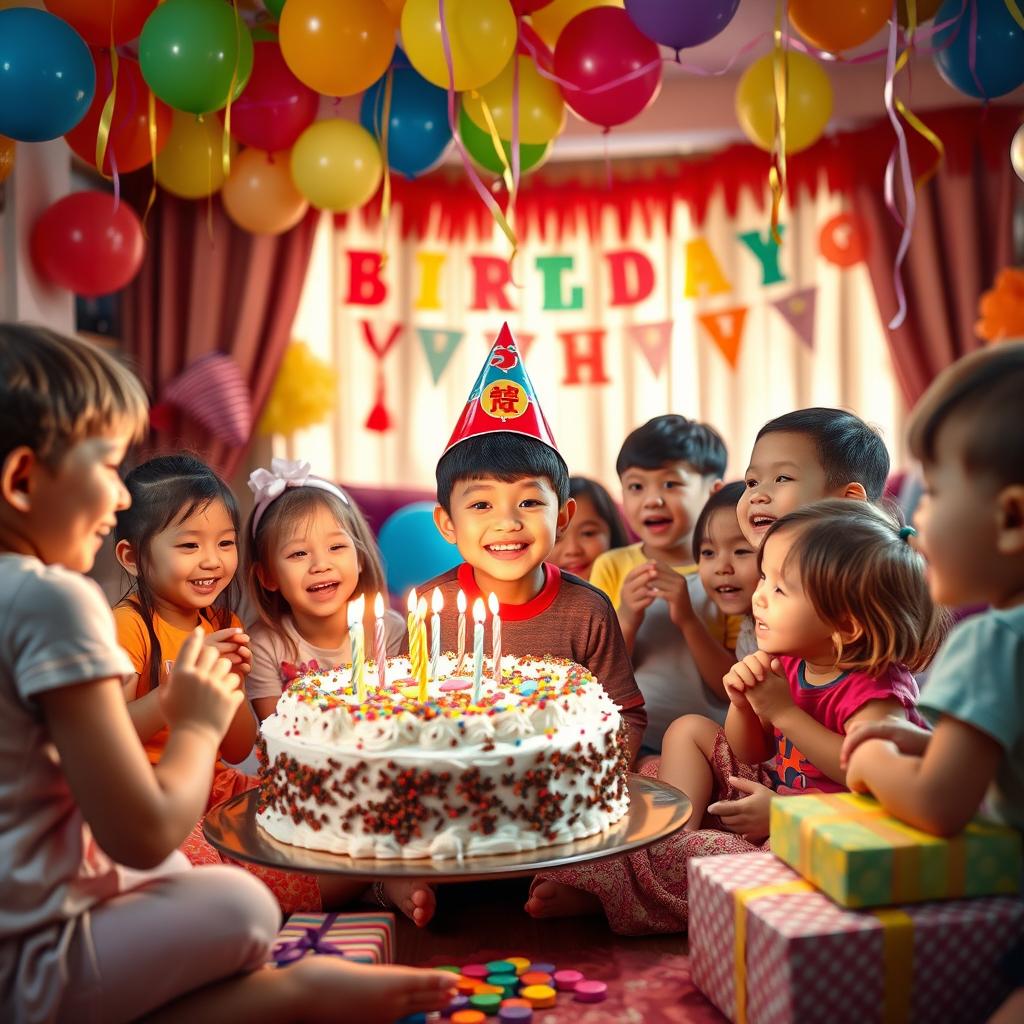 A joyful birthday celebration scene featuring a group of children gathered in a colorful living room decorated with balloons and streamers