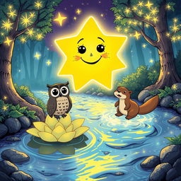 A glowing star with sparkly eyes and a cheerful mouth, accompanied by a wise owl perched on a glowing lily pad, and a playful otter crossing a shimmering river of light