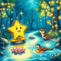 A glowing star with sparkly eyes and a cheerful mouth, accompanied by a wise owl perched on a glowing lily pad, and a playful otter crossing a shimmering river of light