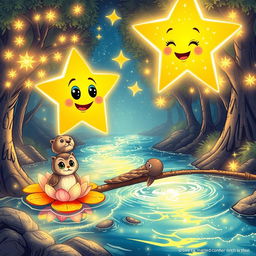 A glowing star with sparkly eyes and a cheerful mouth, accompanied by a wise owl perched on a glowing lily pad, and a playful otter crossing a shimmering river of light