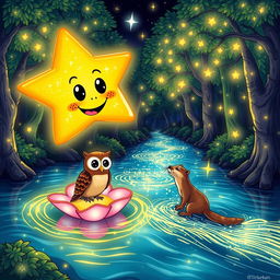 A glowing star with sparkly eyes and a cheerful mouth, accompanied by a wise owl perched on a glowing lily pad, and a playful otter crossing a shimmering river of light