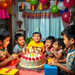 A festive birthday celebration taking place in a cozy home setting in Laos