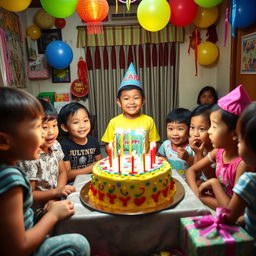 A festive birthday celebration taking place in a cozy home setting in Laos